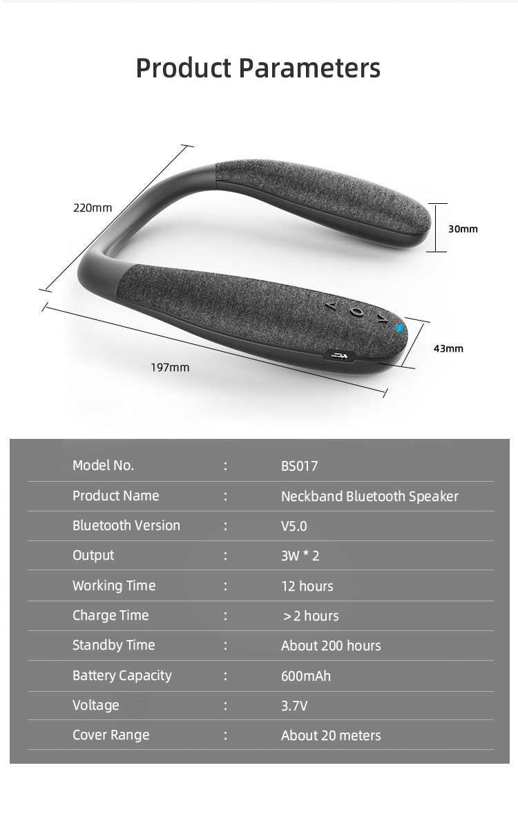New Design Neckband Wireless Speaker 6W 3D Stereo Sound Wearable Bluetooth Neck Speaker